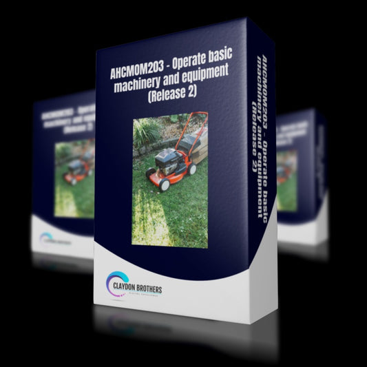 Box for a training manual titled 'Operate basic machinery and equipment' with a lawn mower image on a dark background.